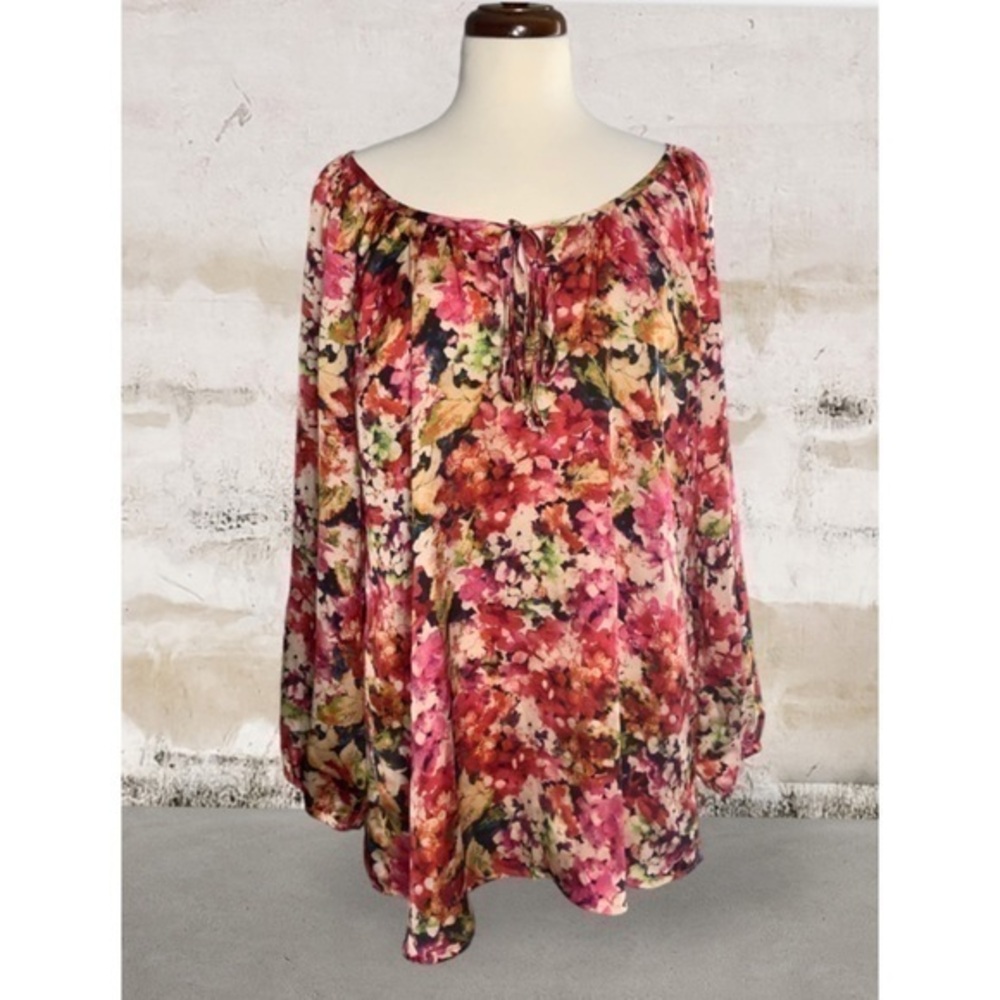 Cha Cha Vente Orange Floral Watercolor Smock Long Sleeve Satin Flowy Tunic L